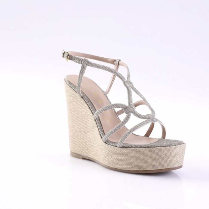 Silver glitter strappy wedge sandal with ankle strap and platform espadrille on a white background (open toe).