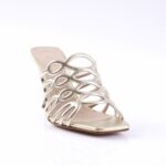 Gold metallic strappy high-heeled sandal with interwoven bands and open toe, side view.