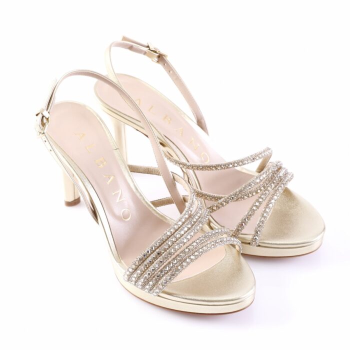 Gold strappy high-heeled sandals with crystal rhinestone bands and an ankle buckle (ALBANO brand).