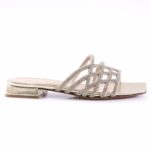 Gold-tone strappy jeweled sandal with crystal embellishments and a low block heel for women, open-toe design.