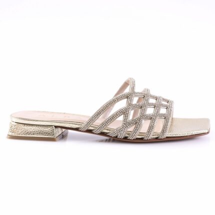 Gold-tone strappy jeweled sandal with crystal embellishments and a low block heel for women, open-toe design.