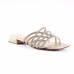 Gold metallic sandal with rhinestone-crystal lattice straps and low block heel