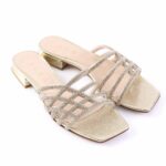 Gold, rhinestone-embellished, open-toe sandals with crisscross straps and low block heel.
