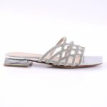 Silver glittery strappy sandal with lattice design and low square heel for women