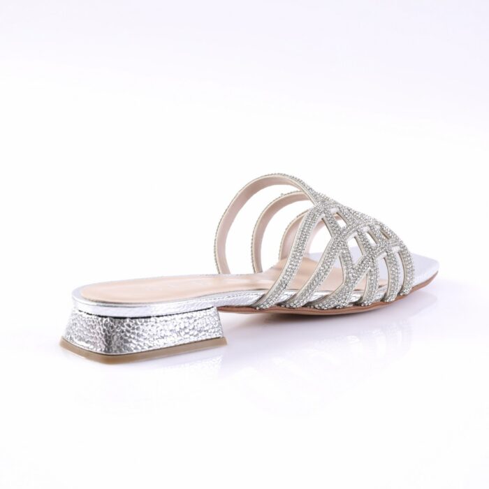 Silver strappy sandal with sparkling rhinestones and a low block heel