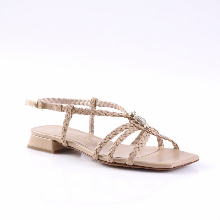 Beige braided-strap sandal with a low block heel and rhinestone centerpiece on the thong strap.
