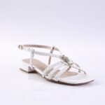White braided-straps sandal with a small block heel and rhinestone centerpiece across the top strap