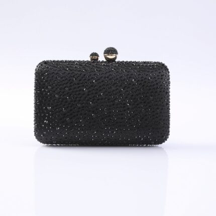 Black beaded clutch purse with a two-ball clasp, covered in small shiny beads.