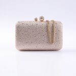 Beige rhinestone-covered clutch with a gold chain strap, posed against a white background for an evening bag look.