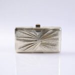 Silver metallic clutch purse with a twisted, pleated fan design and a small clasp on top.