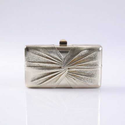 Silver metallic clutch purse with a twisted, pleated fan design and a small clasp on top.