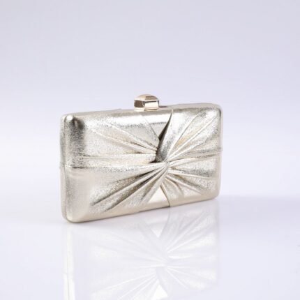 Silver metallic clutch purse with a pleated, starburst pattern and a small clasp on top, photographed on a white background.