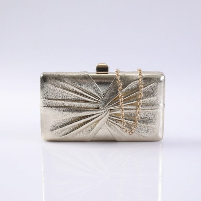 Silver metallic clutch purse with a gold chain strap and pleated fan-like design at the front
