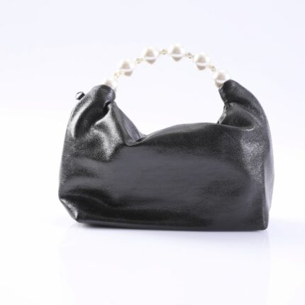 Black satin handbag with a pearl beaded handle, set against a white background.