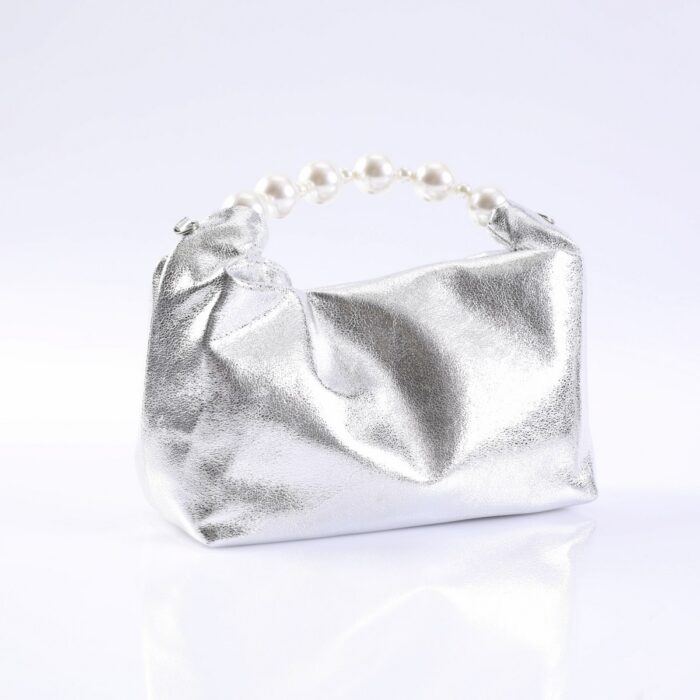 Silver metallic clutch purse with a pearl bead handle on a white background.
