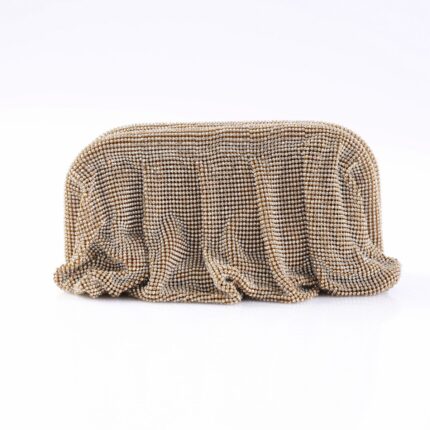 Gold beaded clutch bag with a shimmering, textured surface on a white background.