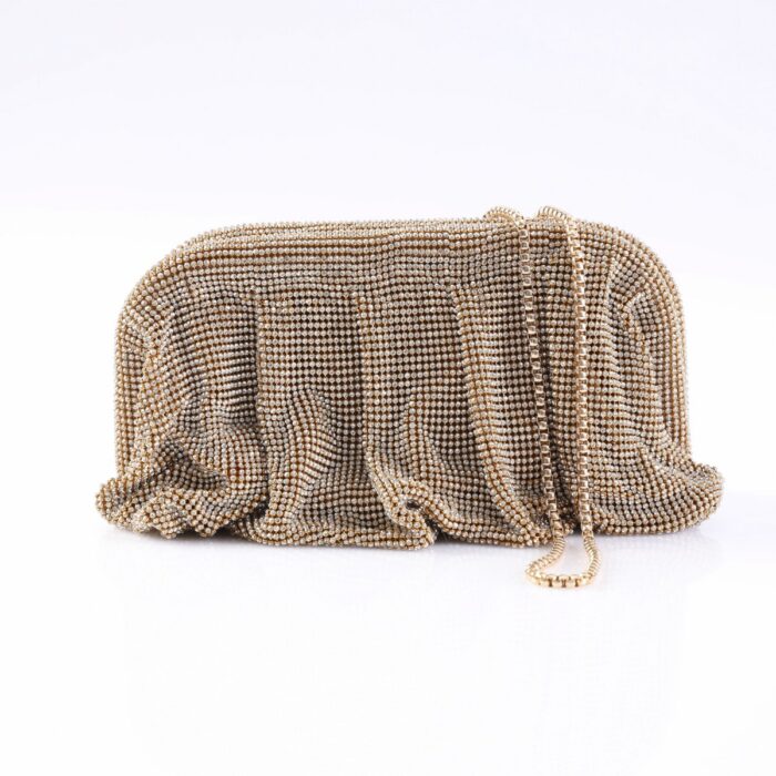 Gold-toned beaded clutch purse with a gathered, draped exterior and a thin chain strap for evening wear