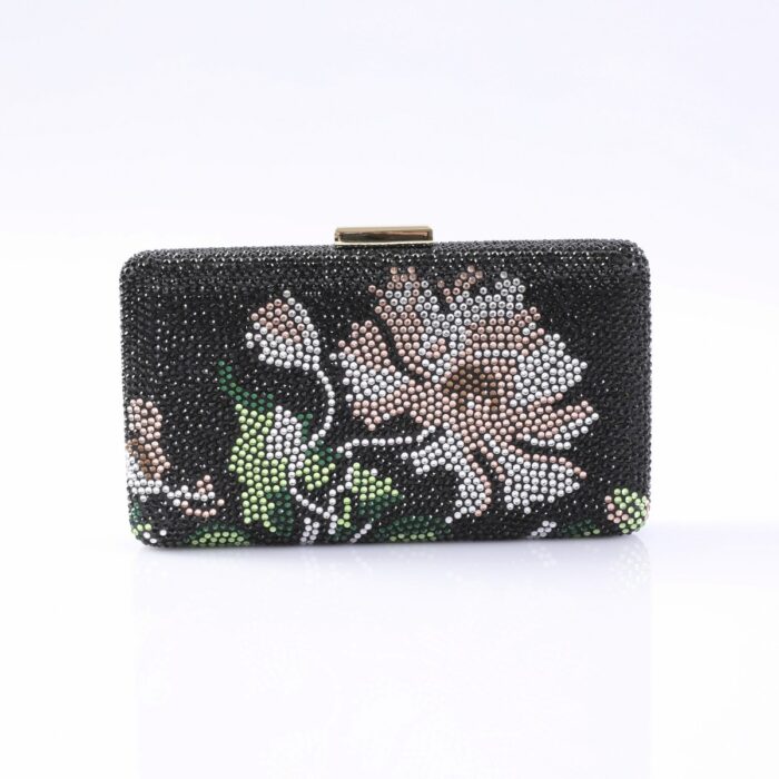 Beaded black clutch with pink and white floral pattern and a gold clasp.