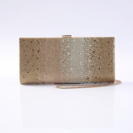 Gold rectangular clutch covered in small rhinestones with a metal clasp and thin chain.