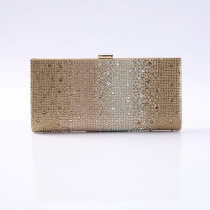 Gold rectangular clutch covered in tiny rhinestones with a small metallic top clasp on a white background.