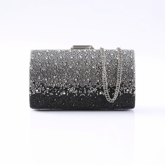 Beaded black-to-silver evening clutch with a silver chain handle and clasp on top