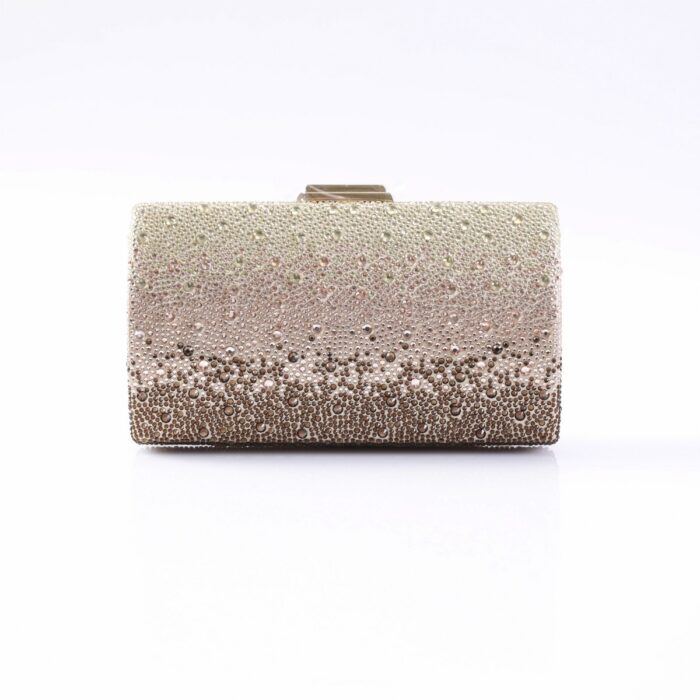 Shiny, gradient rhinestone clutch purse transitioning from light to bronze hues for evening wear.