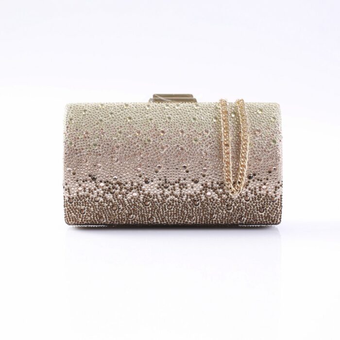 Gold-toned beaded clutch purse covered in rhinestones with a gold chain strap