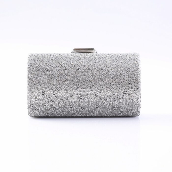 Silver rectangular clutch covered in small rhinestones with a metal clasp on top, for formal wear.