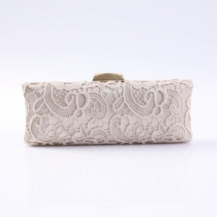 Cream lace clutch purse with a gold rectangular clasp on a white background.