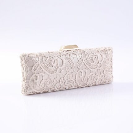 Beige lace clutch purse with a gold-toned clasp on a white reflective surface.