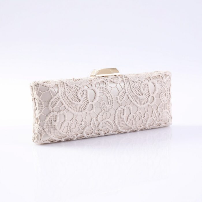 Beige lace clutch purse with a gold-toned clasp on a white reflective surface.