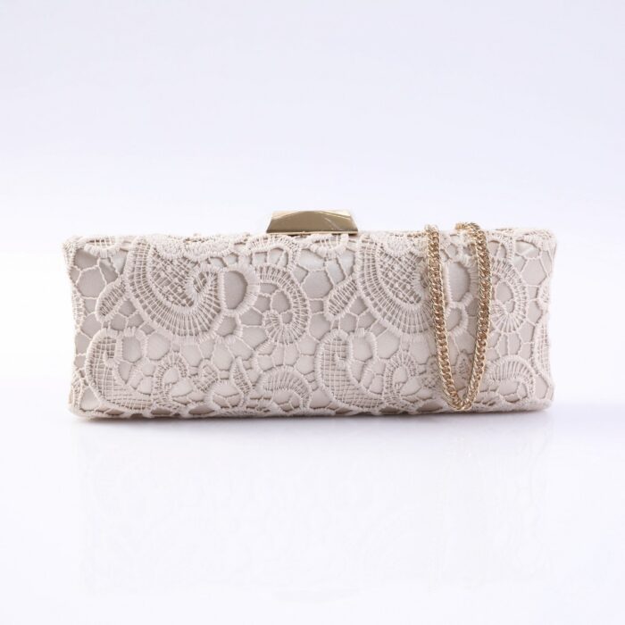 Beige lace clutch bag with a gold-tone frame and chain strap.