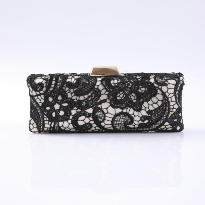 Black lace evening clutch with a gold-tone clasp on a white background, showcasing intricate floral pattern.