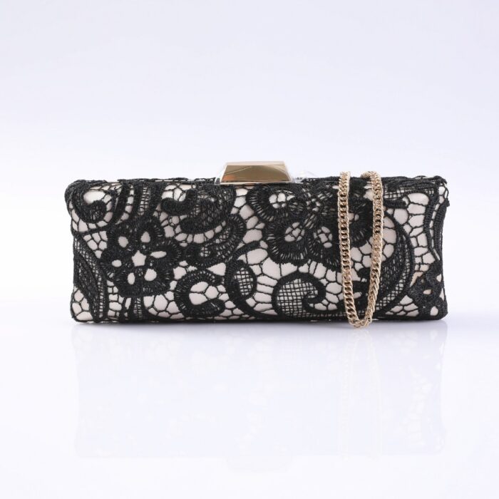 Black lace clutch purse with a gold chain strap and a metallic clasp on a white background