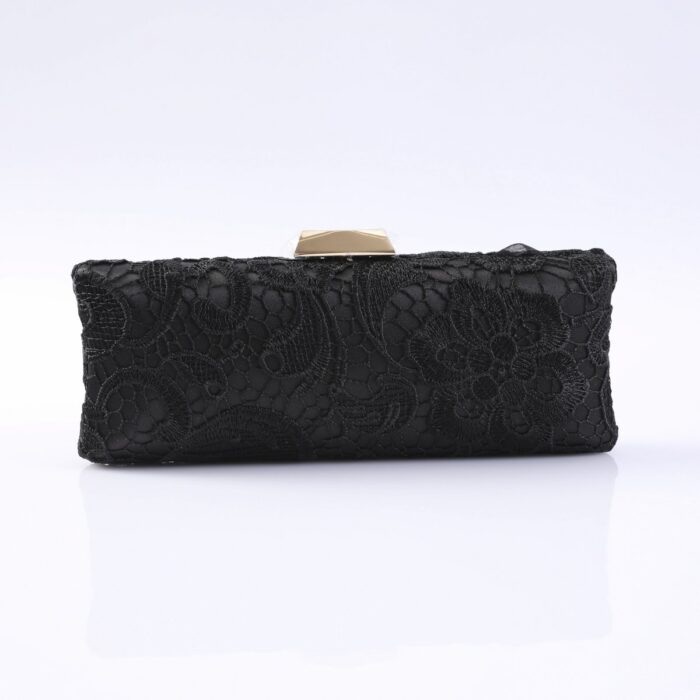 Black lace clutch purse with a gold metal clasp on a white surface, viewed from the front.