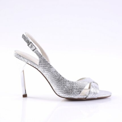 Silver textured high-heeled sandal with open toe, ankle strap, and buckle.