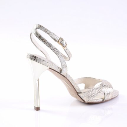 Silver snakeskin-embossed strappy sandal with a tall clear-heeled block heel and ankle straps
