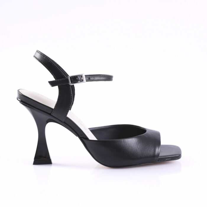 Black leather open-toe sandal with a thin ankle strap and silver buckle, displayed on a white studio background