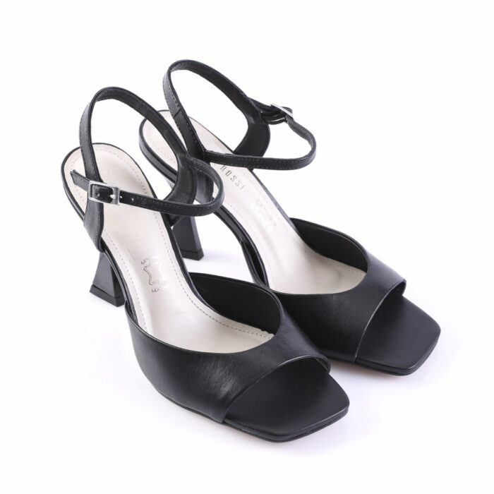 Black open-toe heeled sandals with ankle straps on a white background.