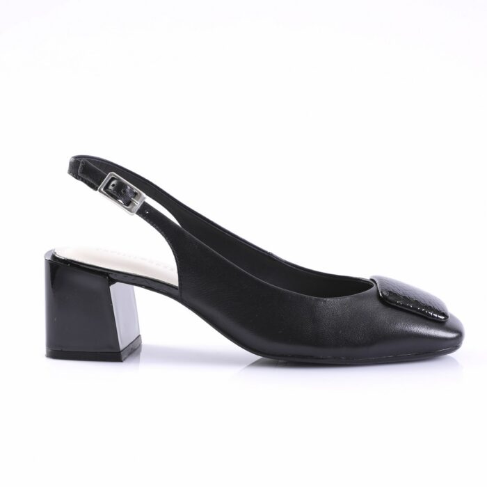 Black leather slingback pump with a squared buckle strap and a chunky block heel, viewed from the side