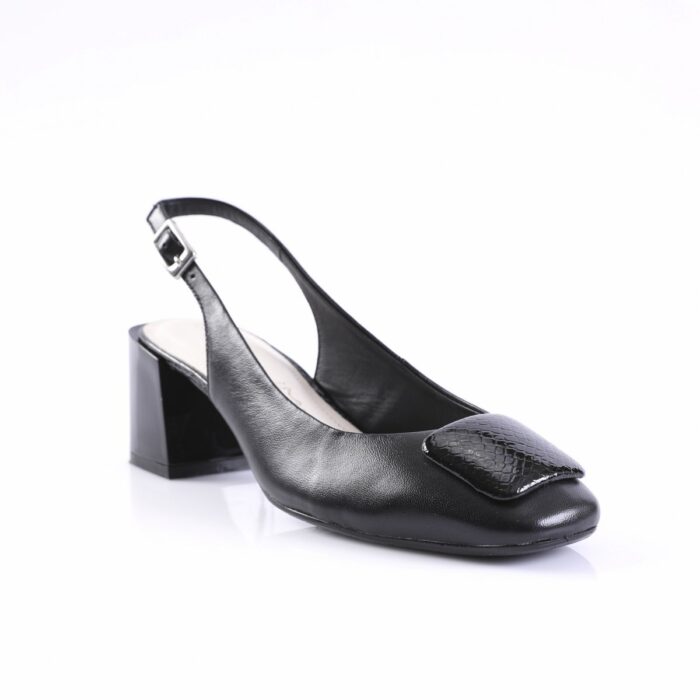 Black slingback pump with a glossy block heel and a textured toe cap detail