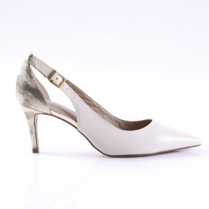 White pointed-toe pump with a delicate ankle strap and gold buckle, featuring a metallic snakeskin-textured heel and back panel.