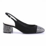 Black suede slingback pump with a textured, patterned metallic toe cap and block heel