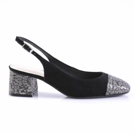 Black suede slingback pump with a textured, patterned metallic toe cap and block heel