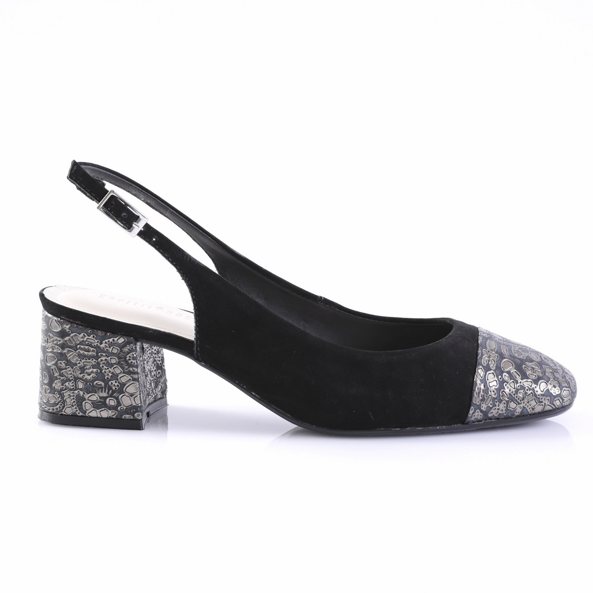 26CP059NR-1 Black suede slingback pump with a textured, patterned metallic toe cap and block heel
