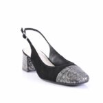 Black suede slingback pump with a metallic patterned toe and block heel.