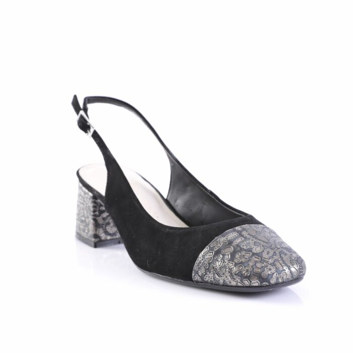 Black suede slingback pump with a metallic patterned toe and block heel.