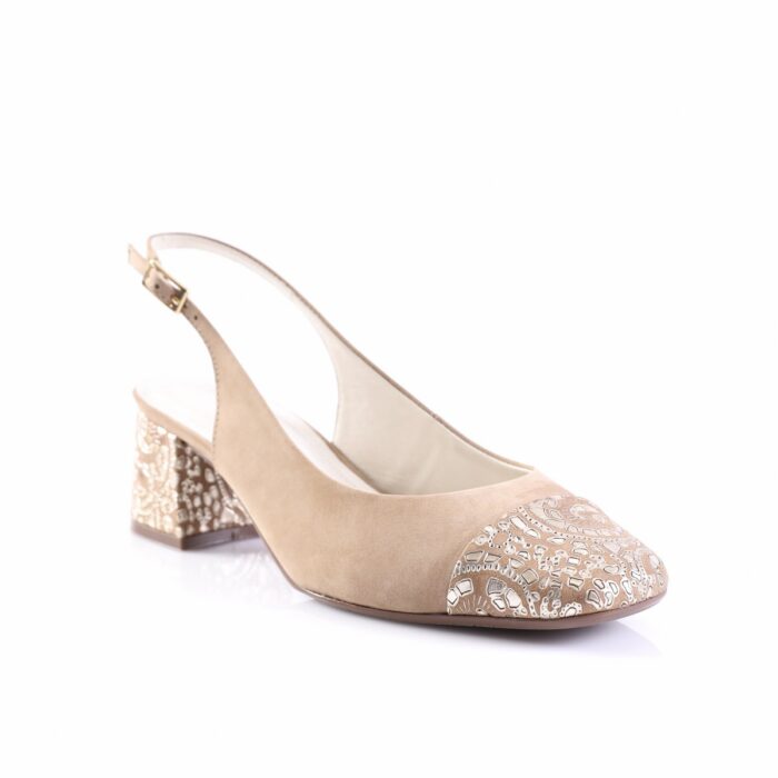 Beige suede slingback pump with a decorative embellished toe and a patterned block heel.