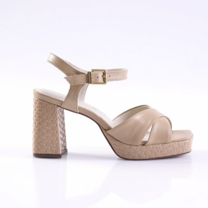 Beige strappy high-heeled sandal with a woven block heel and ankle strap with a gold buckle