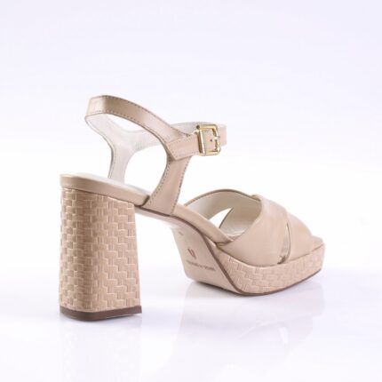 Beige strappy block-heel sandal with an ankle strap and gold buckle